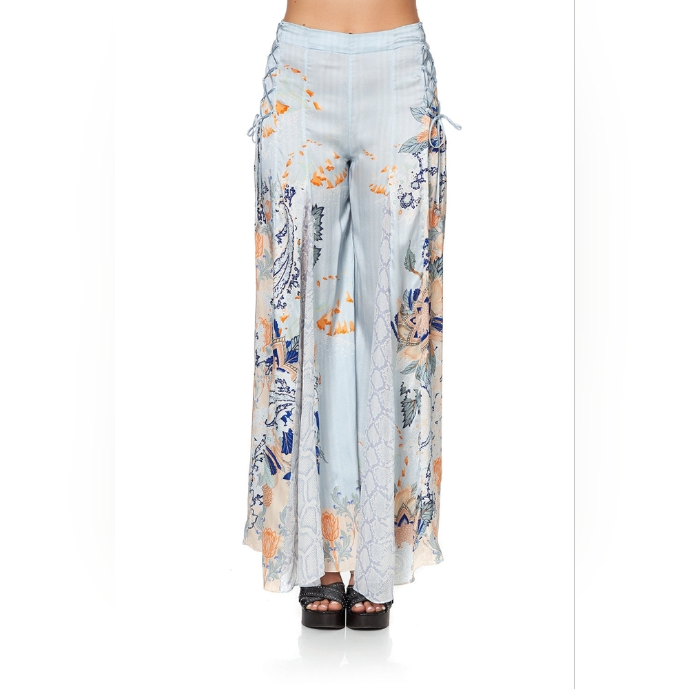 B3. NWOT CAMILLA FRASER FANTASIA SILK FLARE PANTS WITH LACE UP SIDE